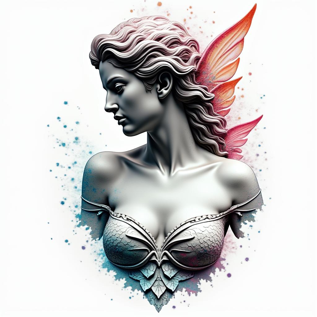 Mermaid Angelin distorted and fragmented tattoo design, featuring a classical statue bust, in a glitch art style with vibrant, overlapping colors of cyan, magenta, and yellow, creating a digital distortion effect - Variation 2