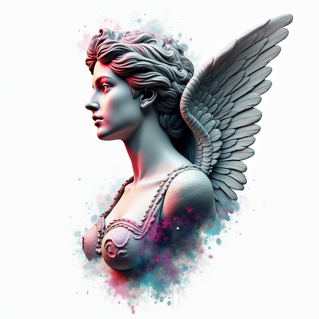 Mermaid Angelin distorted and fragmented tattoo design, featuring a classical statue bust, in a glitch art style with vibrant, overlapping colors of cyan, magenta, and yellow, creating a digital distortion effect