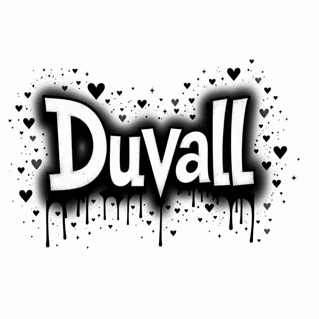 The name Duvall written in graffitiin graffiti style tattoo, featuring bold and dynamic street art elements, spray-paint texture with exaggerated lines and expressive, chaotic brushstrokes, intricate lettering incorporated with graffiti tags, symbols like hearts, stars, and wings - Variation 4