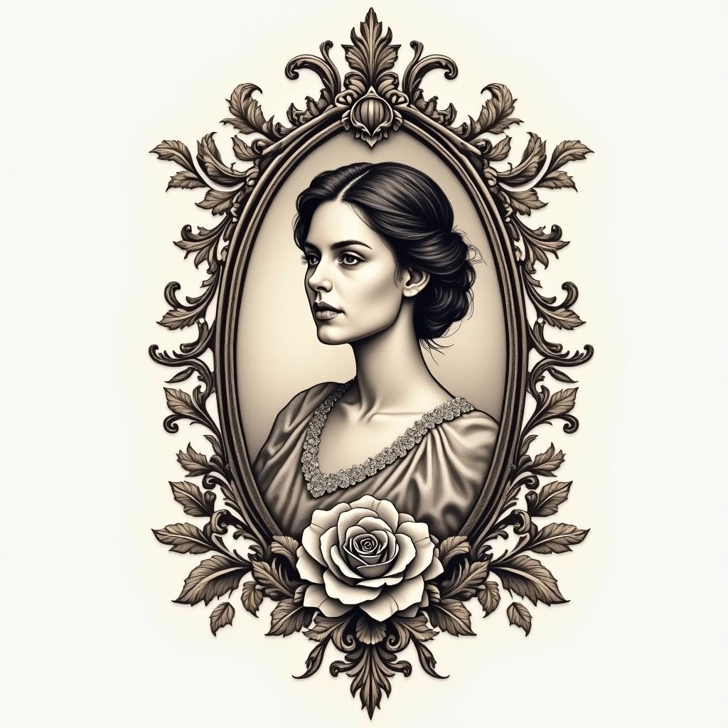 Healthcarein victorian style tattoo, featuring vintage and elegant elements, ornate frames, roses, antique, sepia-toned color scheme - Variation 3