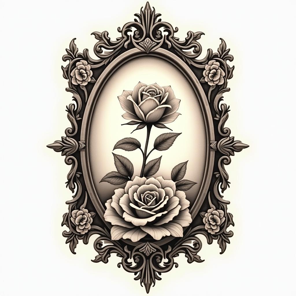 Healthcarein victorian style tattoo, featuring vintage and elegant elements, ornate frames, roses, antique, sepia-toned color scheme - Variation 4