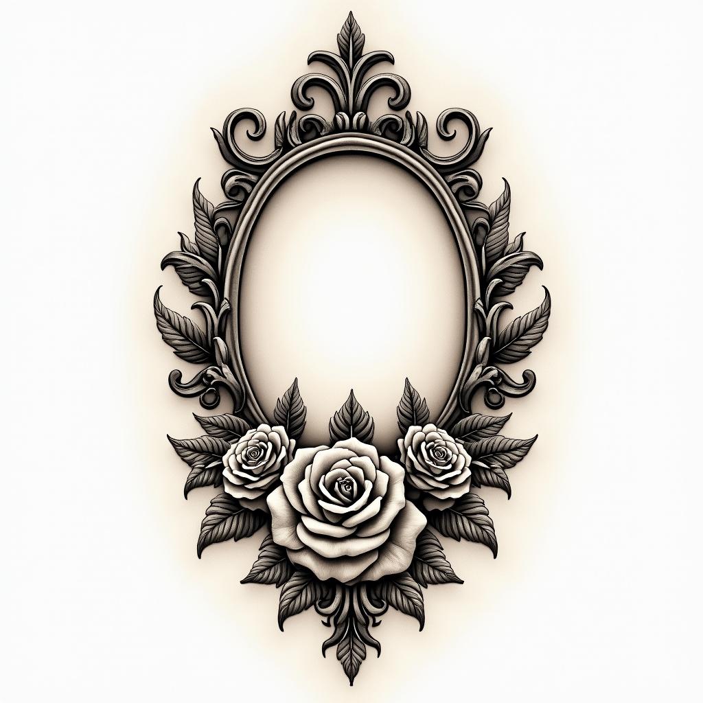 Healthcarein victorian style tattoo, featuring vintage and elegant elements, ornate frames, roses, antique, sepia-toned color scheme