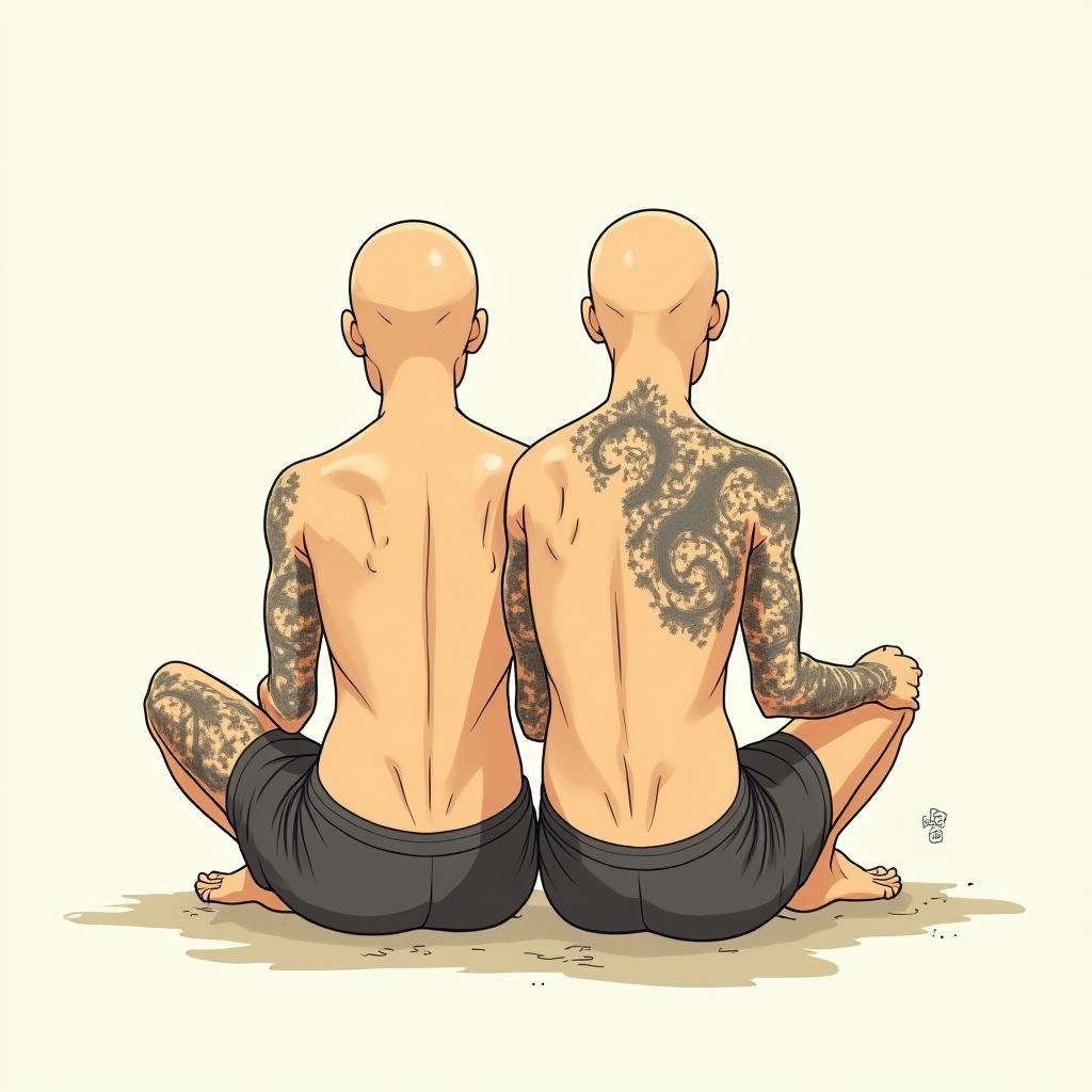 Two dudes butt fuckingGhibli, Studio Ghibli aesthetic, hand-drawn anime style, retro nostalgic atmosphere, retro soft pastel color palette with earthy tones, retro Japanese cinematic shot, yellow tint effect, bald character, smooth surface, anime shadow 90's anime style - Variation 4