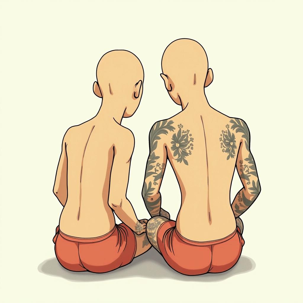 Two dudes butt fuckingGhibli, Studio Ghibli aesthetic, hand-drawn anime style, retro nostalgic atmosphere, retro soft pastel color palette with earthy tones, retro Japanese cinematic shot, yellow tint effect, bald character, smooth surface, anime shadow 90's anime style