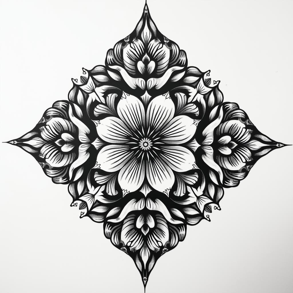 I have a tattoo that goes across my chest from collar bone to the other side it says loyalty and honor but it's messed up what can I do too put something different over it I'm a 34 yr old femalein ornamental tattoo style, featuring intricate symmetrical patterns and floral designs, showcasing highly detailed line work and geometric shapes, creating a sense of elegance and balance - Variation 3