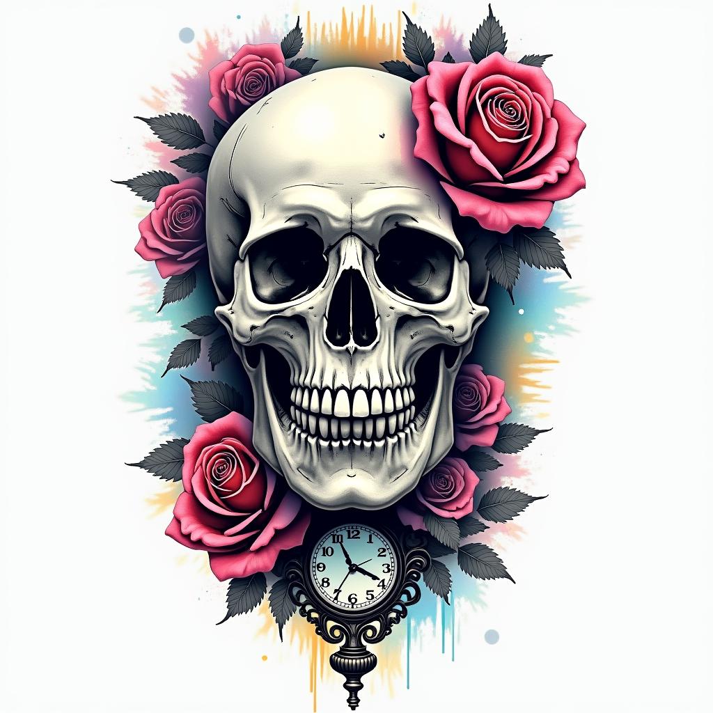 Skull with roses and clock elementsin distorted and fragmented tattoo design, featuring a classical statue bust, in a glitch art style with vibrant, overlapping colors of cyan, magenta, and yellow, creating a digital distortion effect - Variation 2