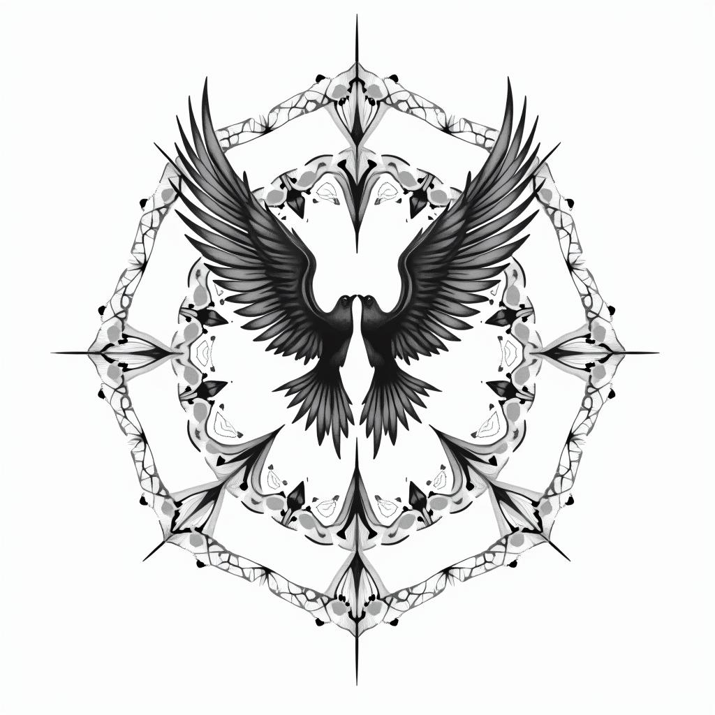 “It’s a leap of faith” with flying birds in geometric style tattoo, blending hexagons, mandala-inspired patterns, symmetrical and fractal design, clean lines, sharp angles - Variation 4