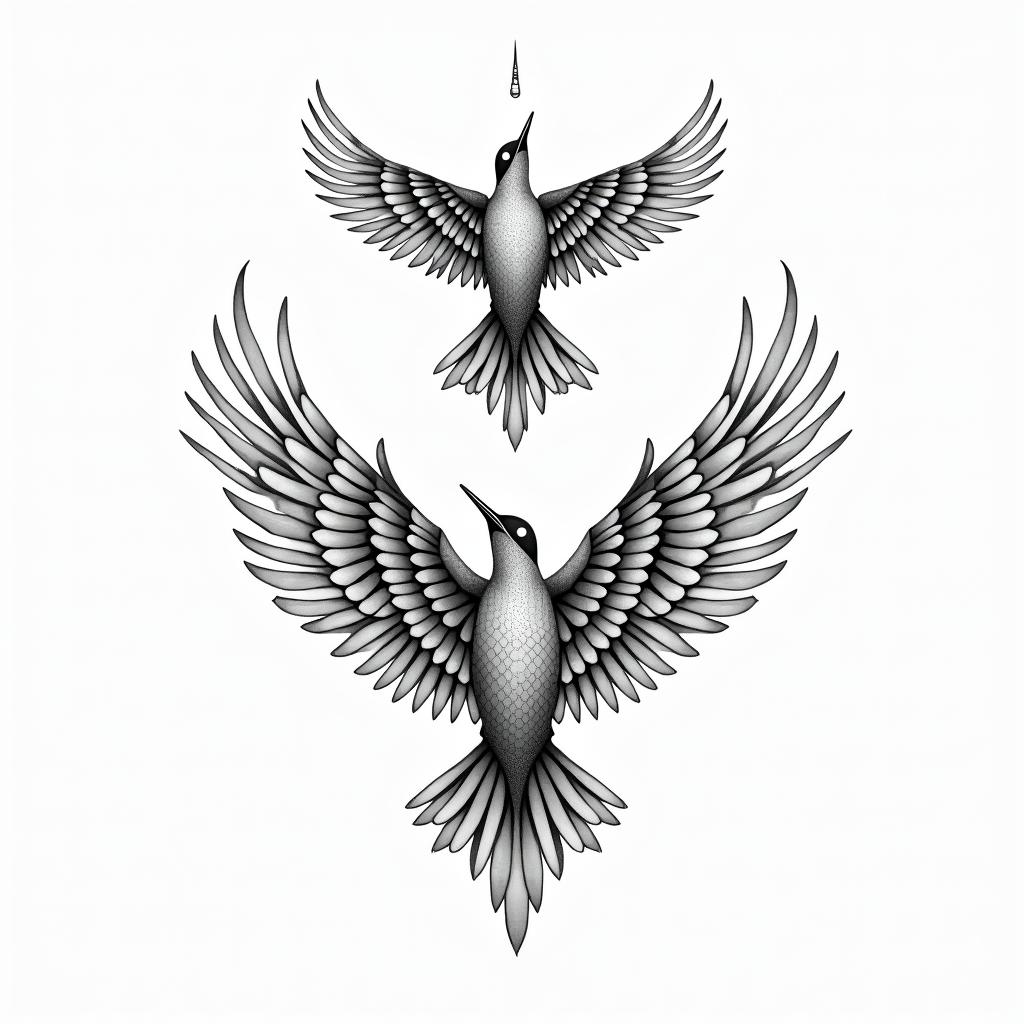 “It’s a leap of faith” with flying birds in geometric style tattoo, blending hexagons, mandala-inspired patterns, symmetrical and fractal design, clean lines, sharp angles