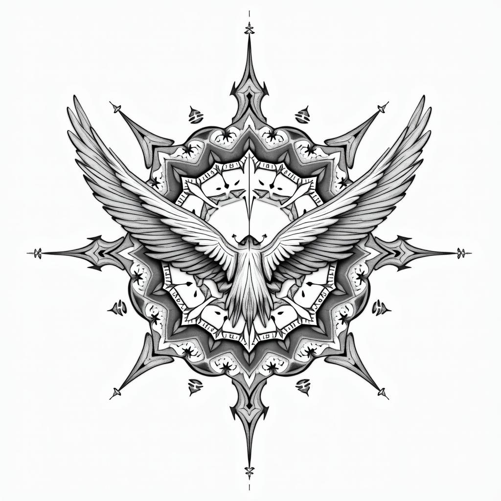 “It’s a leap of faith” with flying birds in geometric style tattoo, blending hexagons, mandala-inspired patterns, symmetrical and fractal design, clean lines, sharp angles - Variation 3