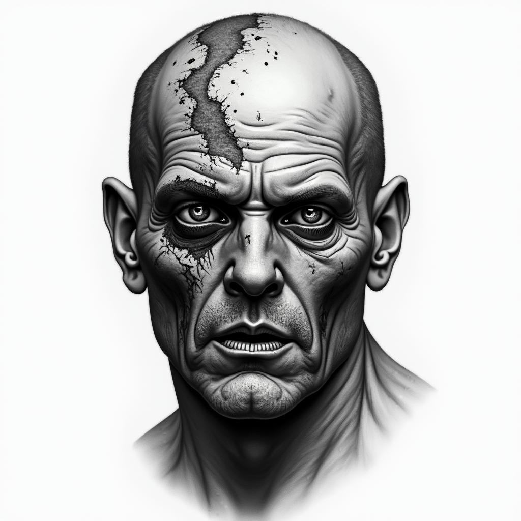 A man’s face. Half human half zombiein portrait tattoo style, featuring a highly realistic and detailed depiction - Variation 3