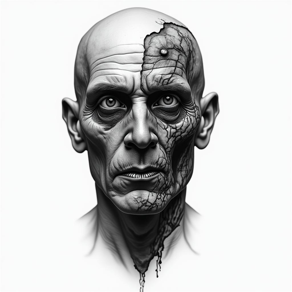 A man’s face. Half human half zombiein portrait tattoo style, featuring a highly realistic and detailed depiction - Variation 1