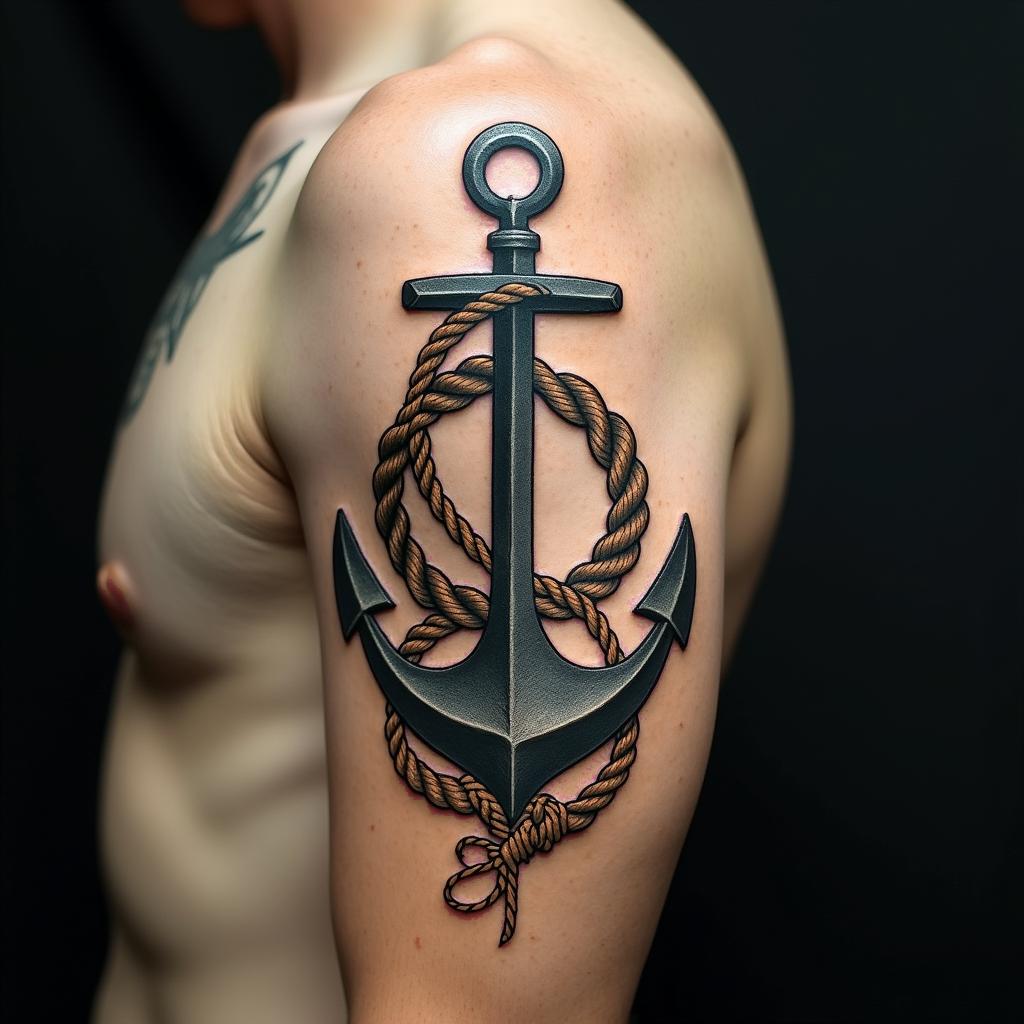 Anchor with nautical rope and compasshigly detailed tattoo - Variation 19