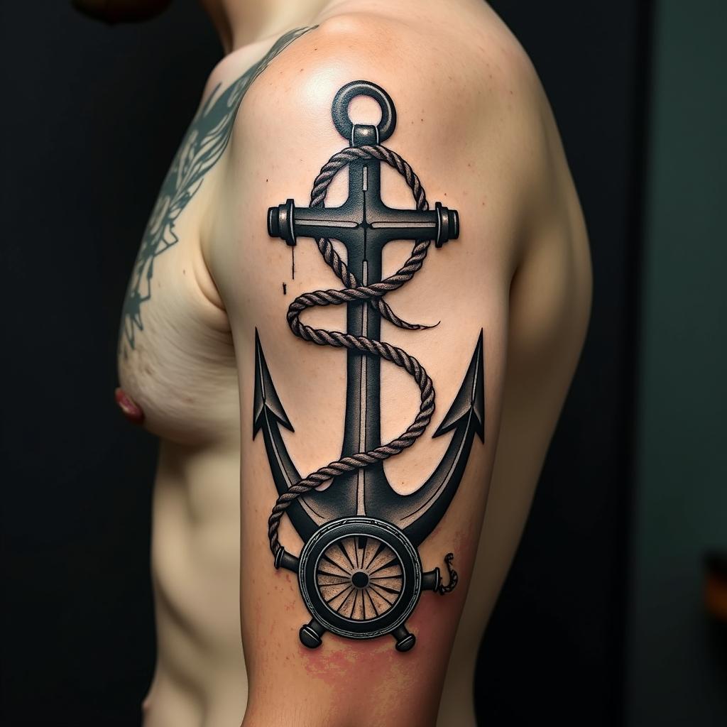Anchor with nautical rope and compasshigly detailed tattoo - Variation 20