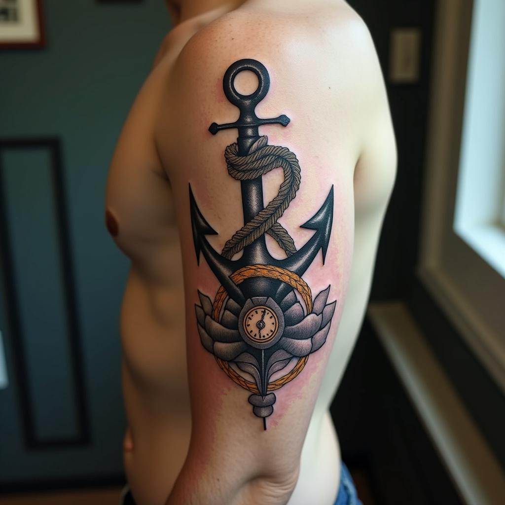 Anchor with nautical rope and compasshigly detailed tattoo - Variation 18
