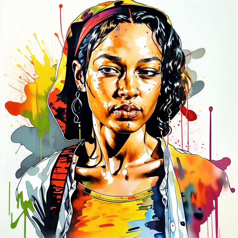  vibrant watercolor portrait with graffiti style face, fully white background, ,face with soft blending of warm and cool tones (orange, yellow, green),using shades of colors, contrast between light and shadow on the face, Bold color splashes and abstract drips in the background for a dynamic, artistic vibe, highly detailed tattoo, fully white background , dskinkpunkundefined - Variation 32