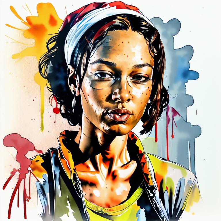  vibrant watercolor portrait with graffiti style face, fully white background, ,face with soft blending of warm and cool tones (orange, yellow, green),using shades of colors, contrast between light and shadow on the face, Bold color splashes and abstract drips in the background for a dynamic, artistic vibe, highly detailed tattoo, fully white background , dskinkpunkundefined - Variation 29