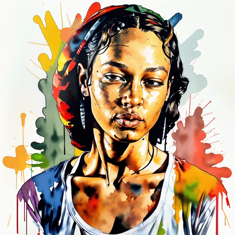  vibrant watercolor portrait with graffiti style face, fully white background, ,face with soft blending of warm and cool tones (orange, yellow, green),using shades of colors, contrast between light and shadow on the face, Bold color splashes and abstract drips in the background for a dynamic, artistic vibe, highly detailed tattoo, fully white background , dskinkpunkundefined - Variation 30