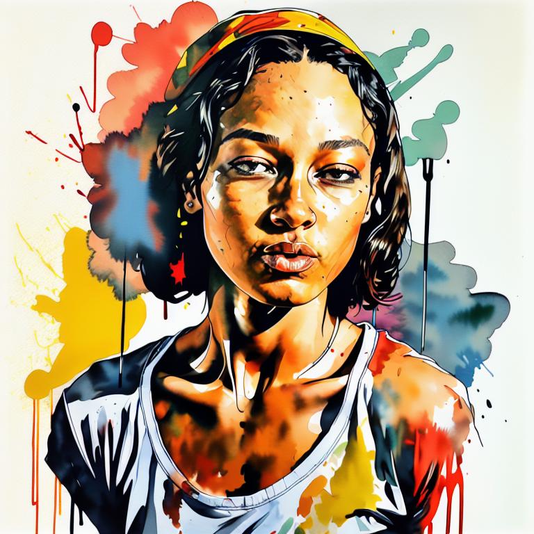  vibrant watercolor portrait with graffiti style face, fully white background, ,face with soft blending of warm and cool tones (orange, yellow, green),using shades of colors, contrast between light and shadow on the face, Bold color splashes and abstract drips in the background for a dynamic, artistic vibe, highly detailed tattoo, fully white background , dskinkpunkundefined - Variation 31