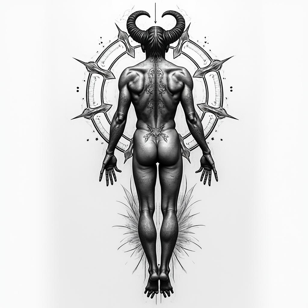 I want a tattoo for my back of Aries, that is symmetrical with geometric shapes or sketches in the style of Leonardo Da Vinci, surrounded by figures that symbolize the sweep of a radar, that inspire struggle, fire, warrior, strength, that is not very heavy and simple for a tattoo artist.in portrait tattoo style, featuring a highly realistic and detailed depiction - Variation 1