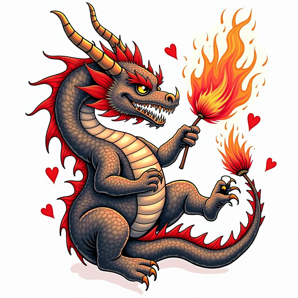 SAKURA COVERED DRAGON SPITTING HEARTS AND PETAL FLAMES TO PROTECT A BABY OXin pop art style tattoo, featuring bold and vibrant colors, exaggerated outlines, iconic imagery, inspired by comic books and speech bubbles, comic book characters, retro pop culture - Variation 3