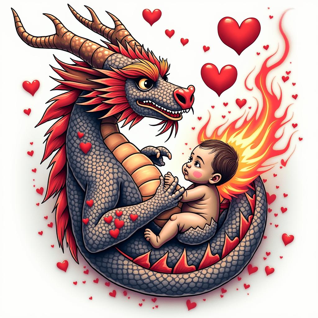 SAKURA COVERED DRAGON SPITTING HEARTS AND PETAL FLAMES TO PROTECT A BABY OXin pop art style tattoo, featuring bold and vibrant colors, exaggerated outlines, iconic imagery, inspired by comic books and speech bubbles, comic book characters, retro pop culture - Variation 4