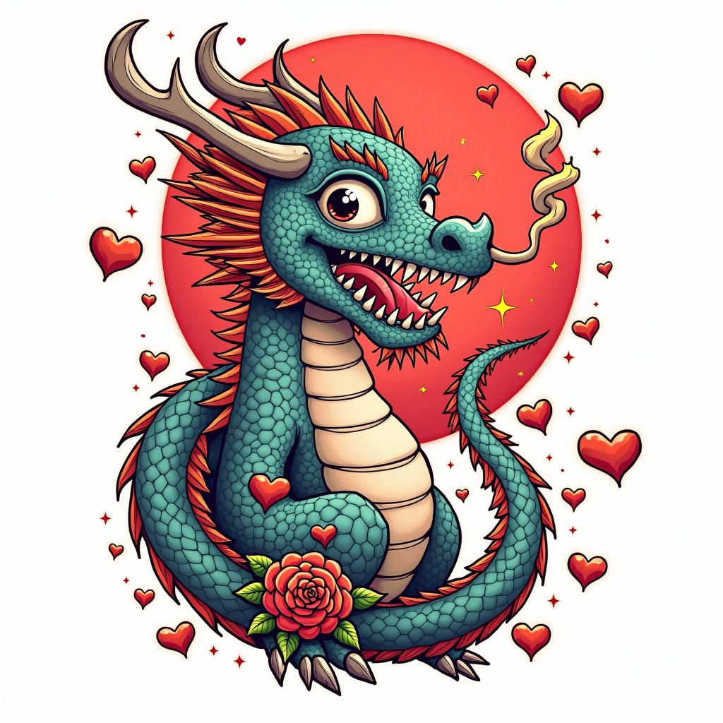 SAKURA COVERED DRAGON SPITTING HEARTS AND PETAL FLAMES TO PROTECT A BABY OXin pop art style tattoo, featuring bold and vibrant colors, exaggerated outlines, iconic imagery, inspired by comic books and speech bubbles, comic book characters, retro pop culture - Variation 2