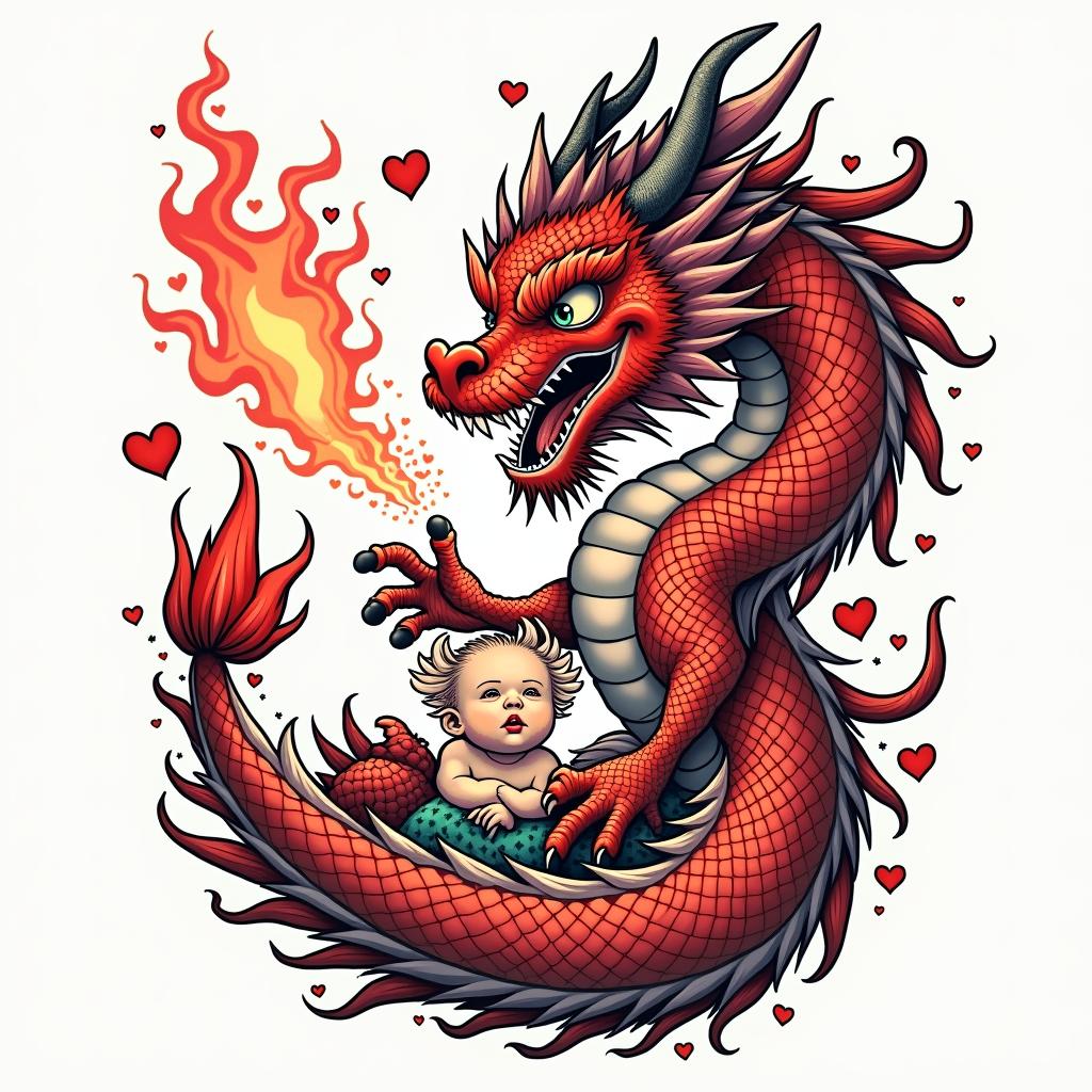 SAKURA COVERED DRAGON SPITTING HEARTS AND PETAL FLAMES TO PROTECT A BABY OXin pop art style tattoo, featuring bold and vibrant colors, exaggerated outlines, iconic imagery, inspired by comic books and speech bubbles, comic book characters, retro pop culture