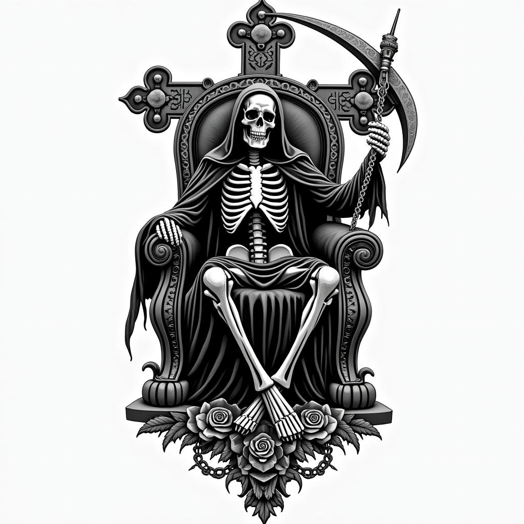 Grim reaper, skeleton, death, thronein chicano style tattoo, featuring intricate black and grey shading, bold elements of traditional chicano culture symbols, add a big cross with skull, chains and roses - Variation 3