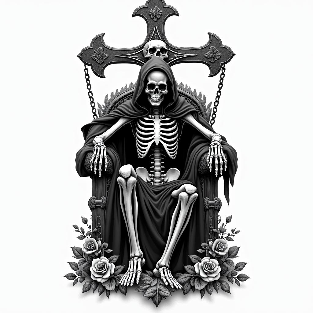 Grim reaper, skeleton, death, thronein chicano style tattoo, featuring intricate black and grey shading, bold elements of traditional chicano culture symbols, add a big cross with skull, chains and roses - Variation 4
