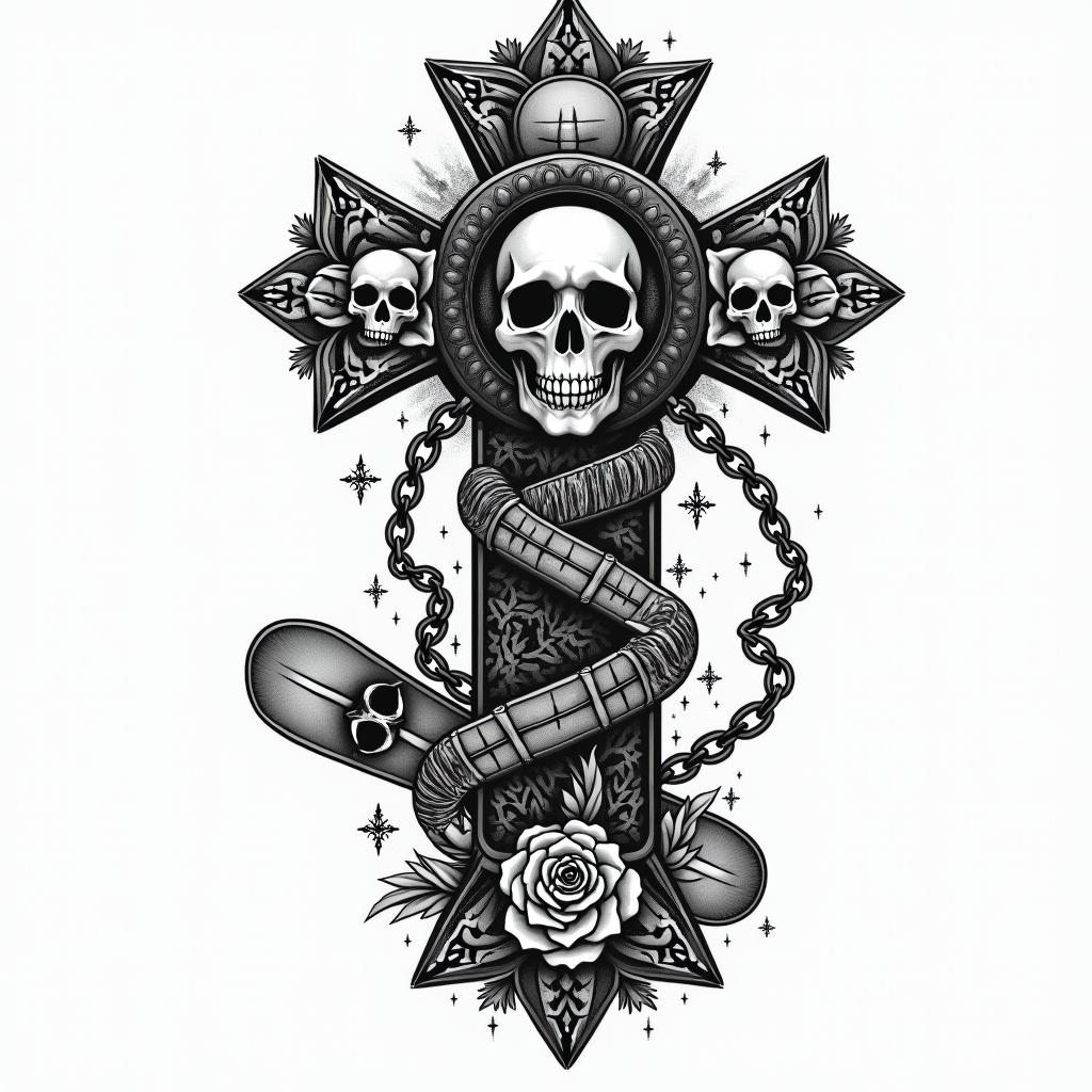 Heather, virgo, daisy, snowboarderin chicano style tattoo, featuring intricate black and grey shading, bold elements of traditional chicano culture symbols, add a big cross with skull, chains and roses