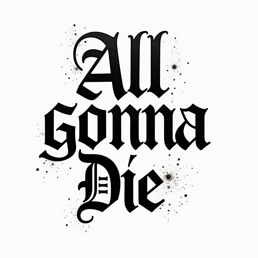 we all gonna dietext-based tattoo, gothic font ultra-realistic, perfectly placed, high-quality font design, photo-realistic shading, 8k, high quality, finely detailed typography