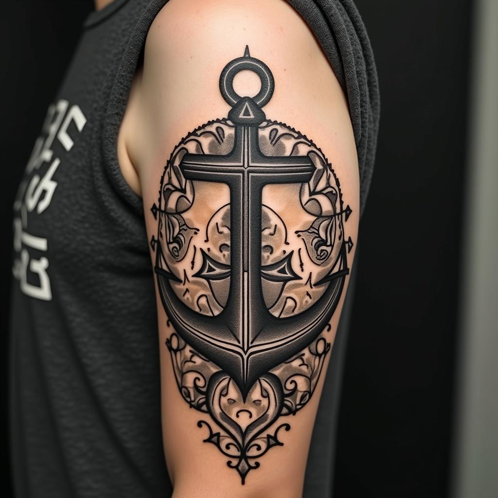 Anchor with nautical rope and compassin dotwork style tattoo, complex mandala patterns, interlocking geometric shapes with sharp symmetry, clean lines, sharp angles - Variation 11