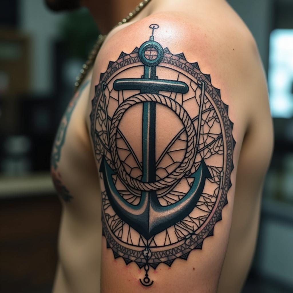 Anchor with nautical rope and compassin dotwork style tattoo, complex mandala patterns, interlocking geometric shapes with sharp symmetry, clean lines, sharp angles - Variation 12
