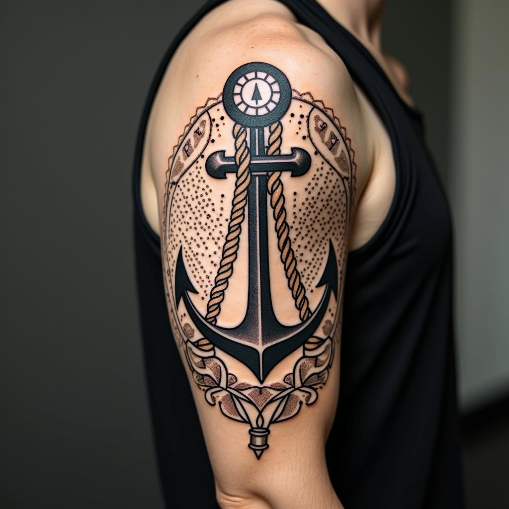 Anchor with nautical rope and compassin dotwork style tattoo, complex mandala patterns, interlocking geometric shapes with sharp symmetry, clean lines, sharp angles - Variation 13