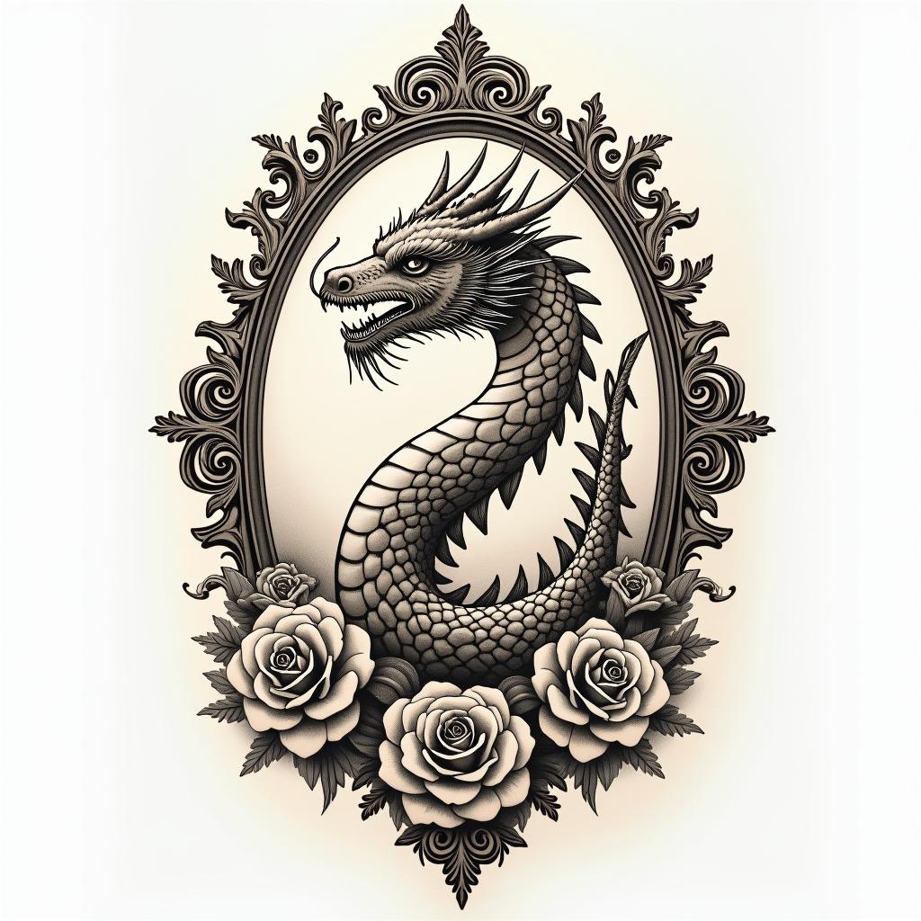 Japanese Dragonin victorian style tattoo, featuring vintage and elegant elements, ornate frames, roses, antique, sepia-toned color scheme - Variation 3
