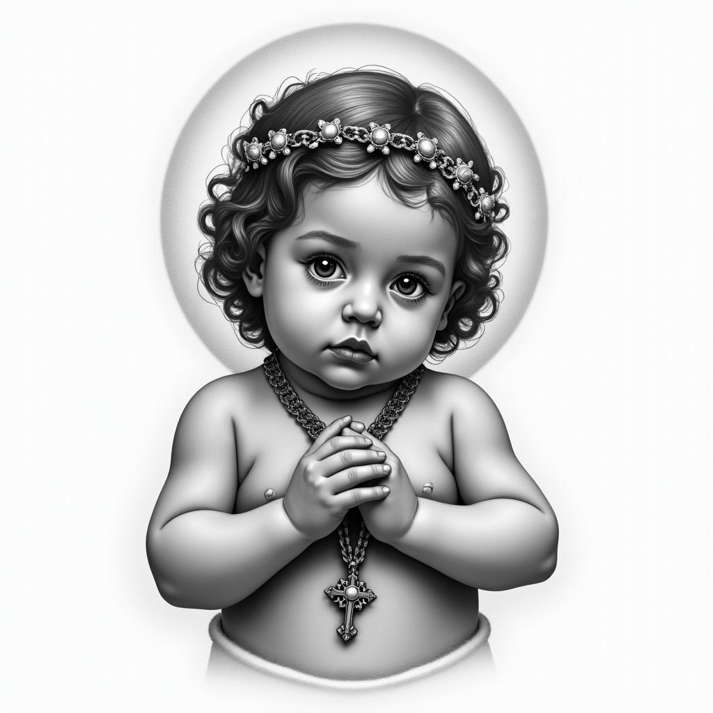 Baby Jesus holding a rosaryin portrait tattoo style, featuring a highly realistic and detailed depiction - Variation 1