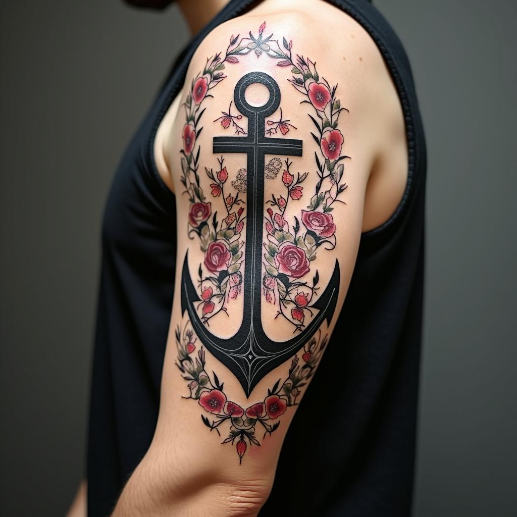 Anchor entwined with roses and thornsin dotwork style tattoo, complex mandala patterns, interlocking geometric shapes with sharp symmetry, clean lines, sharp angles - Variation 4