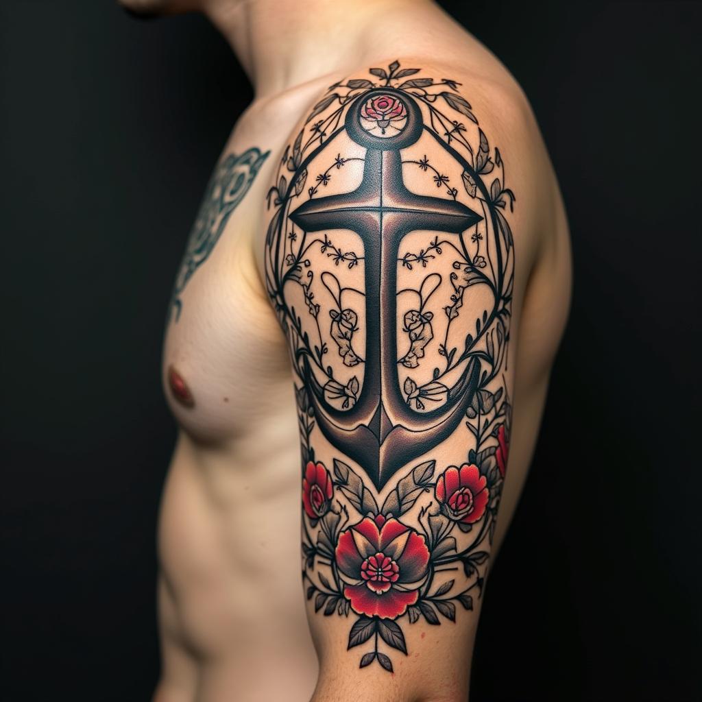 Anchor entwined with roses and thornsin dotwork style tattoo, complex mandala patterns, interlocking geometric shapes with sharp symmetry, clean lines, sharp angles - Variation 2