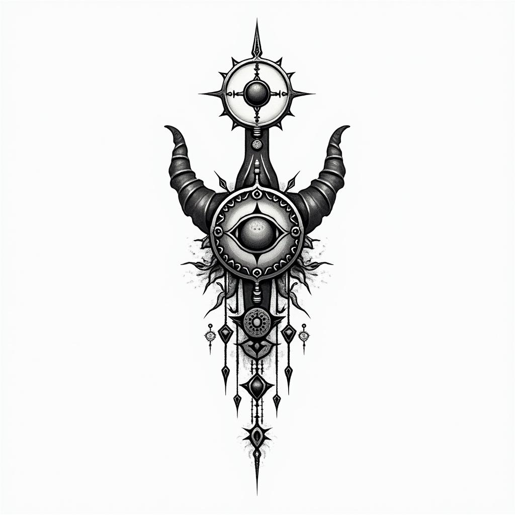 Stoicism in spiritual symbols tattoo style, featuring an intricate design incorporating elements, Hamsa hand, third eye, minimalist composition