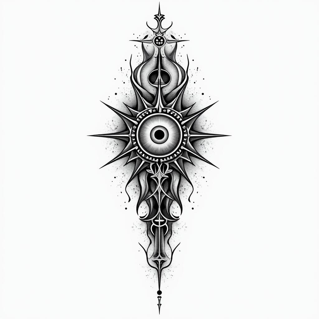 Stoicism in spiritual symbols tattoo style, featuring an intricate design incorporating elements, Hamsa hand, third eye, minimalist composition - Variation 2