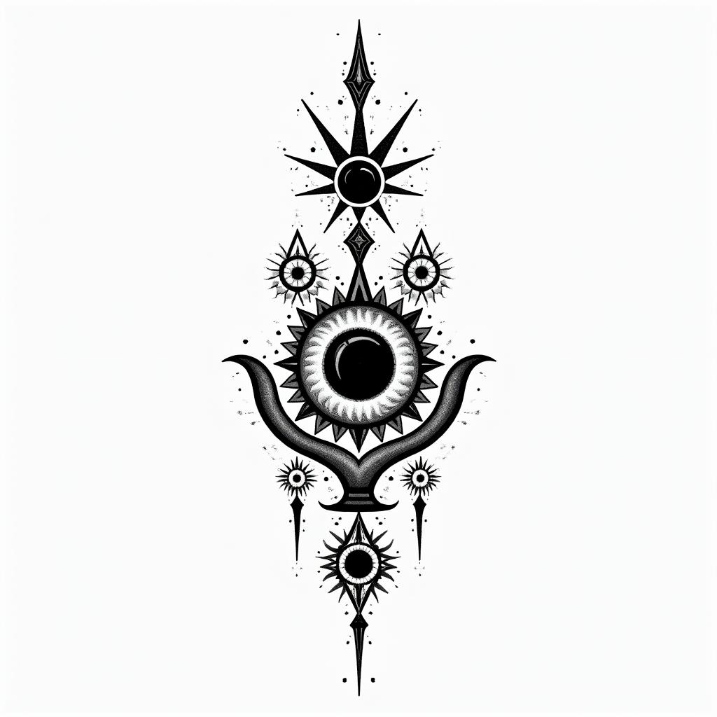 Stoicism in spiritual symbols tattoo style, featuring an intricate design incorporating elements, Hamsa hand, third eye, minimalist composition - Variation 3