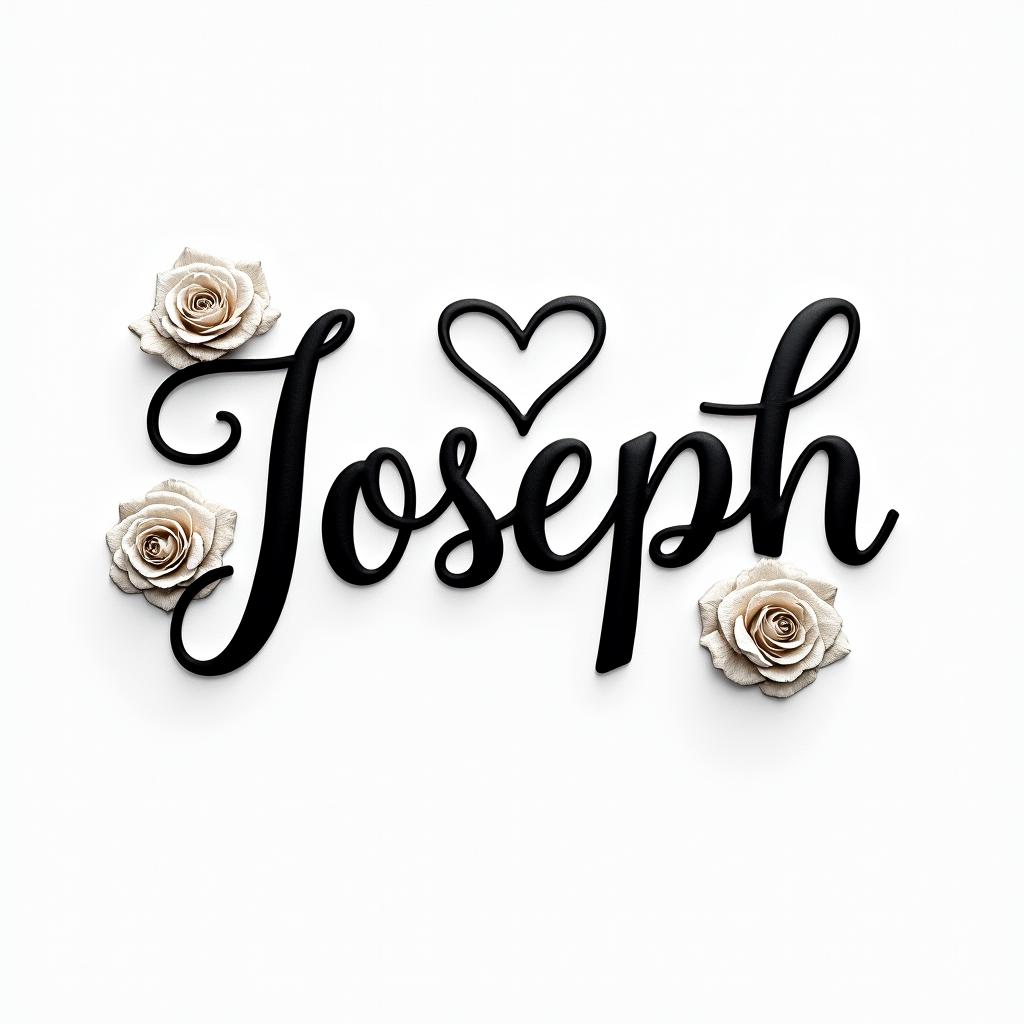 Josephin elegant cursive calligraphy style 2d tattoo, decorate with roses, featuring a smooth and flowing handwritten script with slightly thickened strokes for a luxurious and bold appearance, heart symbol between names, sleek and glossy black text with shadowing, minimalist matte white background, clean and sharp edges, illuminated with soft lighting, romantic, 8k, high-quality textures with refined typography - Variation 4