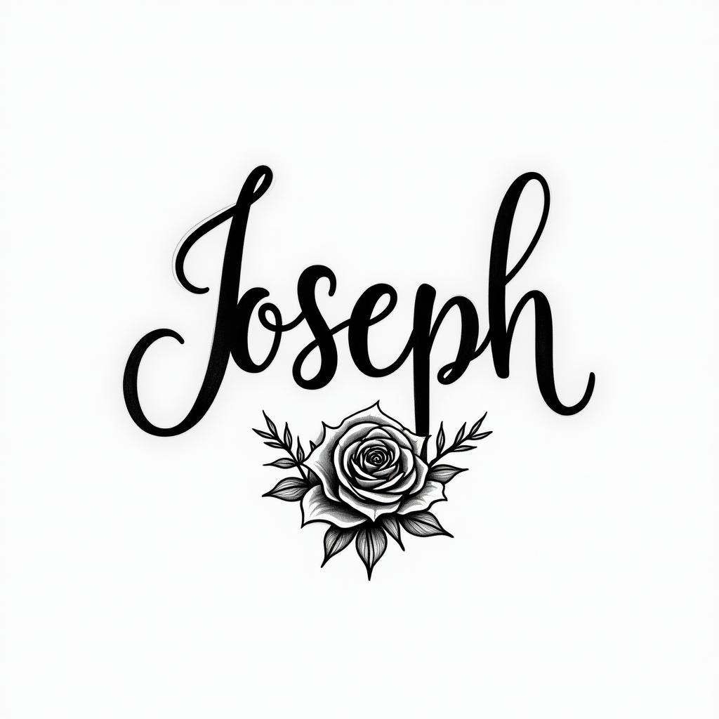 Josephin elegant cursive calligraphy style 2d tattoo, decorate with roses, featuring a smooth and flowing handwritten script with slightly thickened strokes for a luxurious and bold appearance, heart symbol between names, sleek and glossy black text with shadowing, minimalist matte white background, clean and sharp edges, illuminated with soft lighting, romantic, 8k, high-quality textures with refined typography