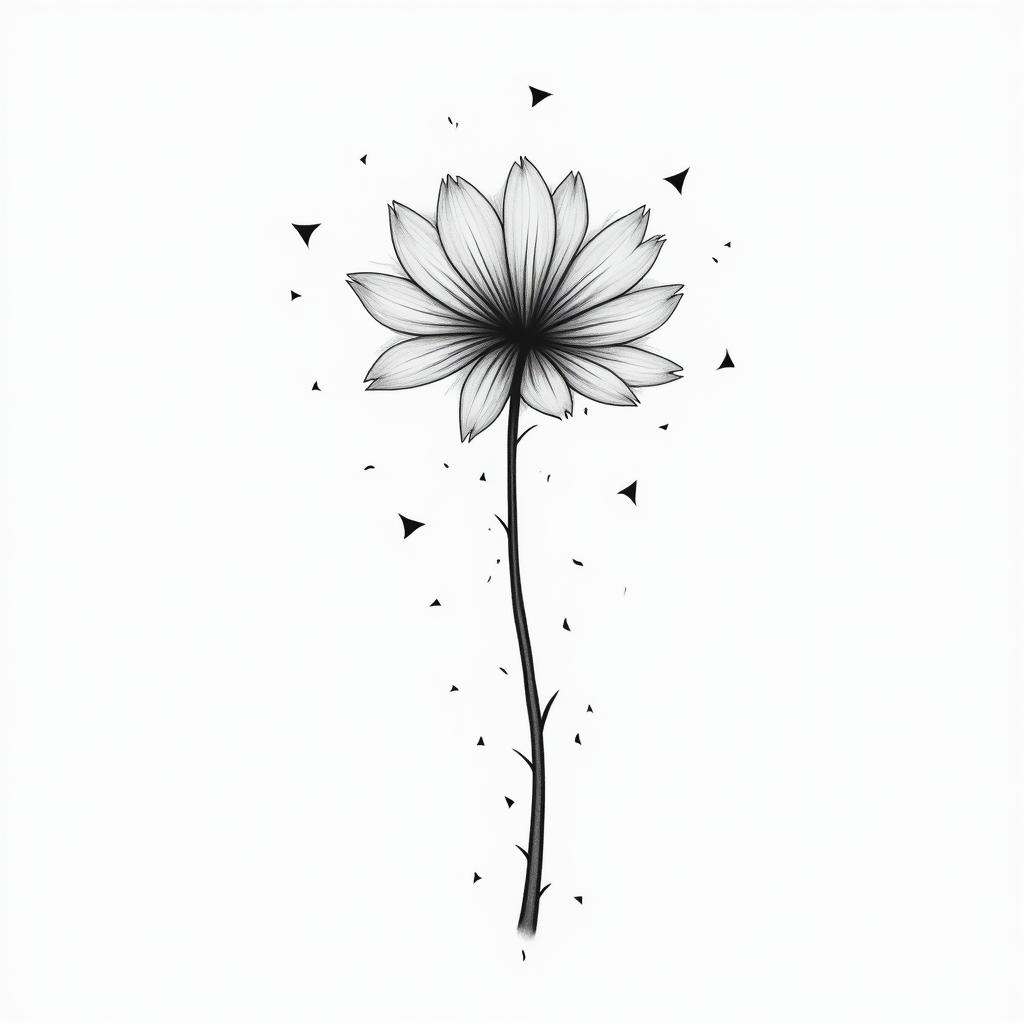 Dandelion blowing away with the words just breathe and a flamingo below the stemin minimalist style tattoo, featuring simple shapes and fine lines, with minimal shading and details, tiny triangles, creating a sense of balance and harmony - Variation 4