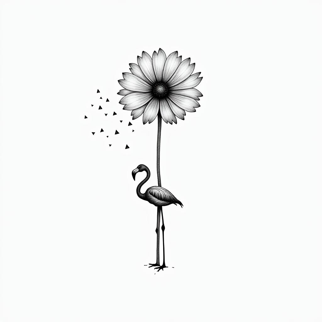 Dandelion blowing away with the words just breathe and a flamingo below the stemin minimalist style tattoo, featuring simple shapes and fine lines, with minimal shading and details, tiny triangles, creating a sense of balance and harmony
