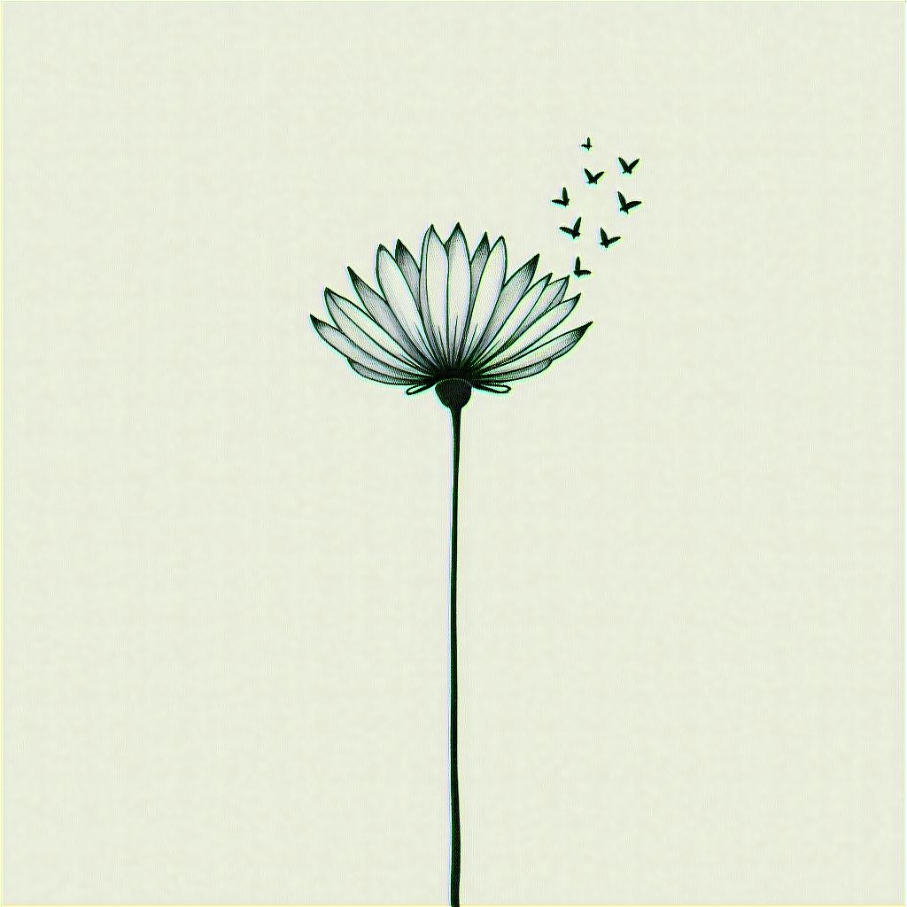 Dandelion blowing away with the words just breathe and a flamingo below the stemin minimalist style tattoo, featuring simple shapes and fine lines, with minimal shading and details, tiny triangles, creating a sense of balance and harmony - Variation 3
