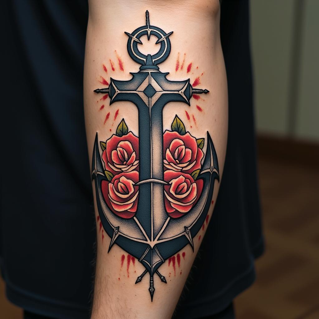 Anchor entwined with roses and thornsin graffiti style tattoo, featuring bold and dynamic street art elements, spray-paint texture with exaggerated lines and expressive, chaotic brushstrokes, intricate lettering incorporated with graffiti tags, symbols like hearts, stars, and wings - Variation 4