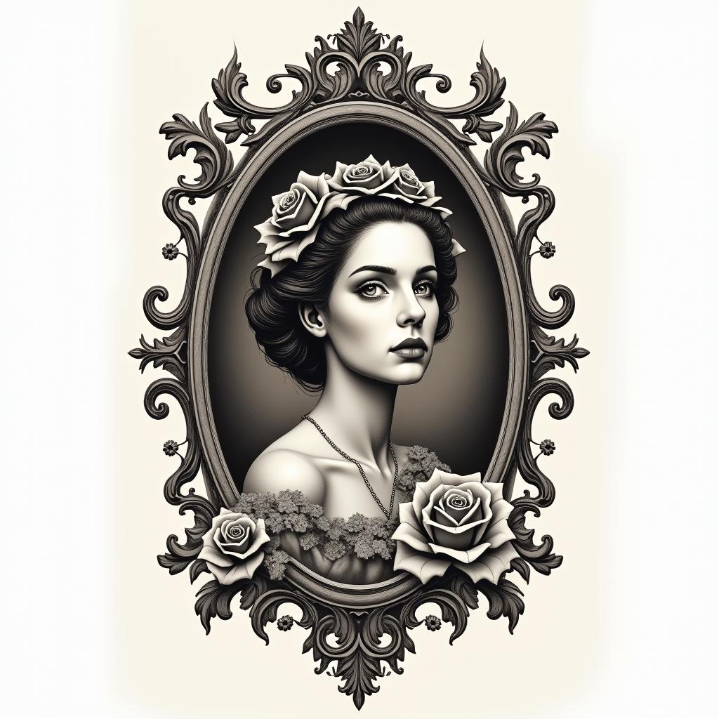 Stoicismin victorian style tattoo, featuring vintage and elegant elements, ornate frames, roses, antique, sepia-toned color scheme - Variation 4