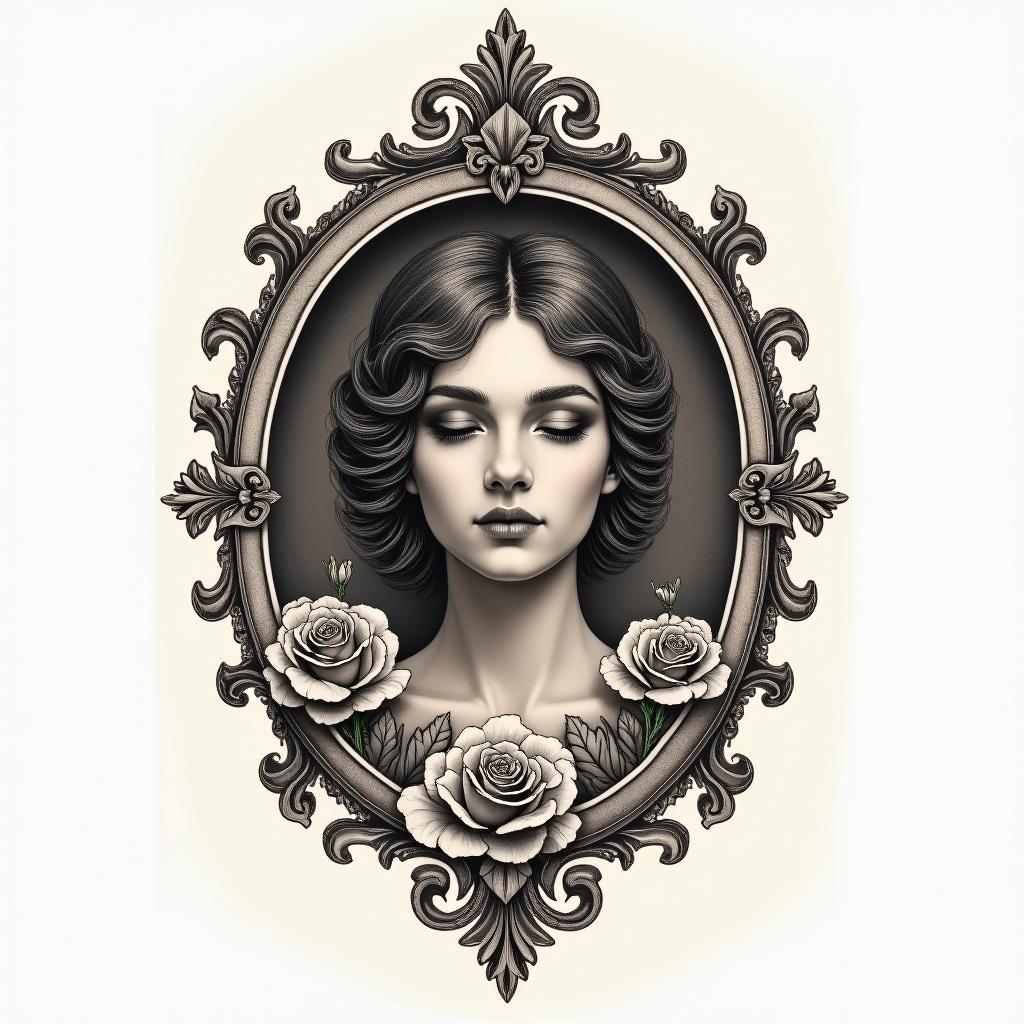 Stoicismin victorian style tattoo, featuring vintage and elegant elements, ornate frames, roses, antique, sepia-toned color scheme