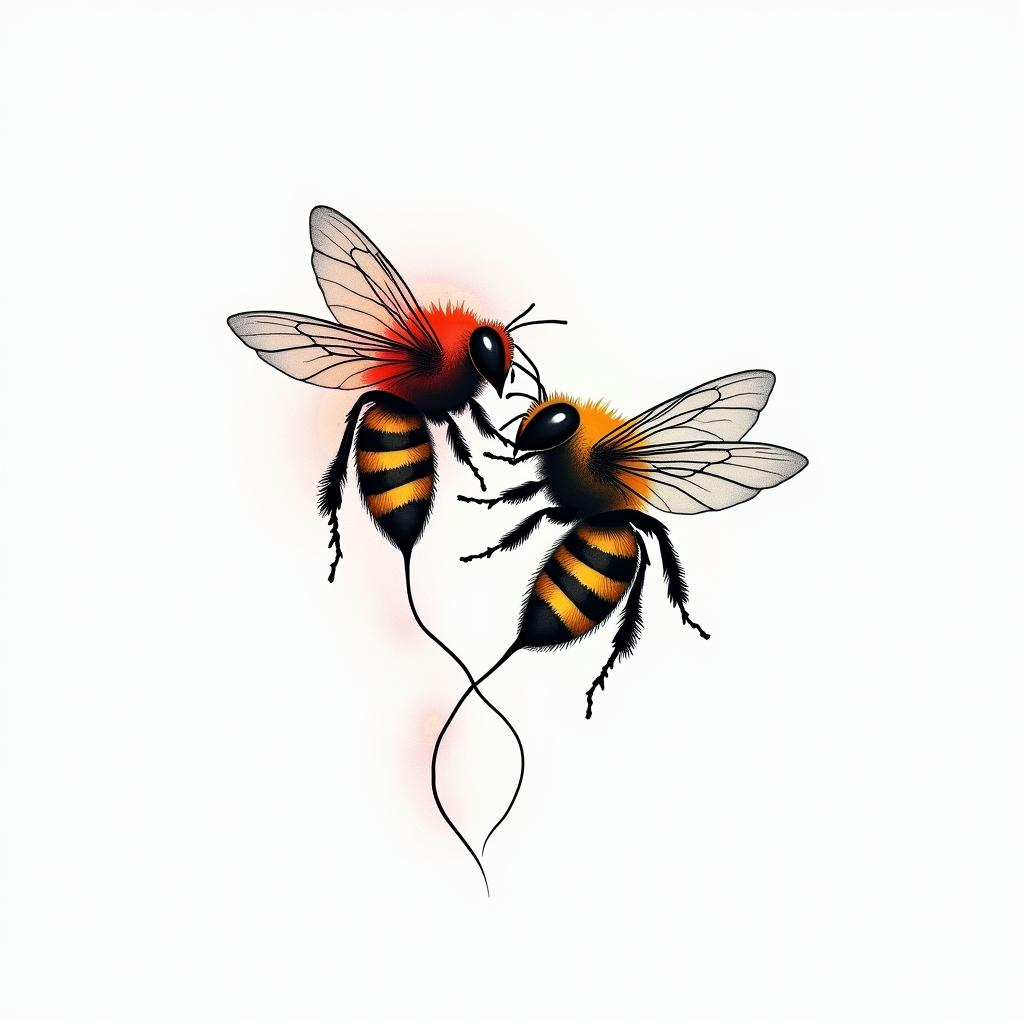 A minimalist line tattoo design featuring flowing lines that incorporate red for Rose and yellow and black for Bee, representing the bond of a father with his daughters. The design should elegantly weave together the colors in a harmonious and abstract way, symbolizing love and connection without using any words or explicit imagery.higly detailed tattoo - Variation 2